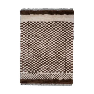 Custom Checkerboard Rug in Brown and Cream with Shag Border — front view