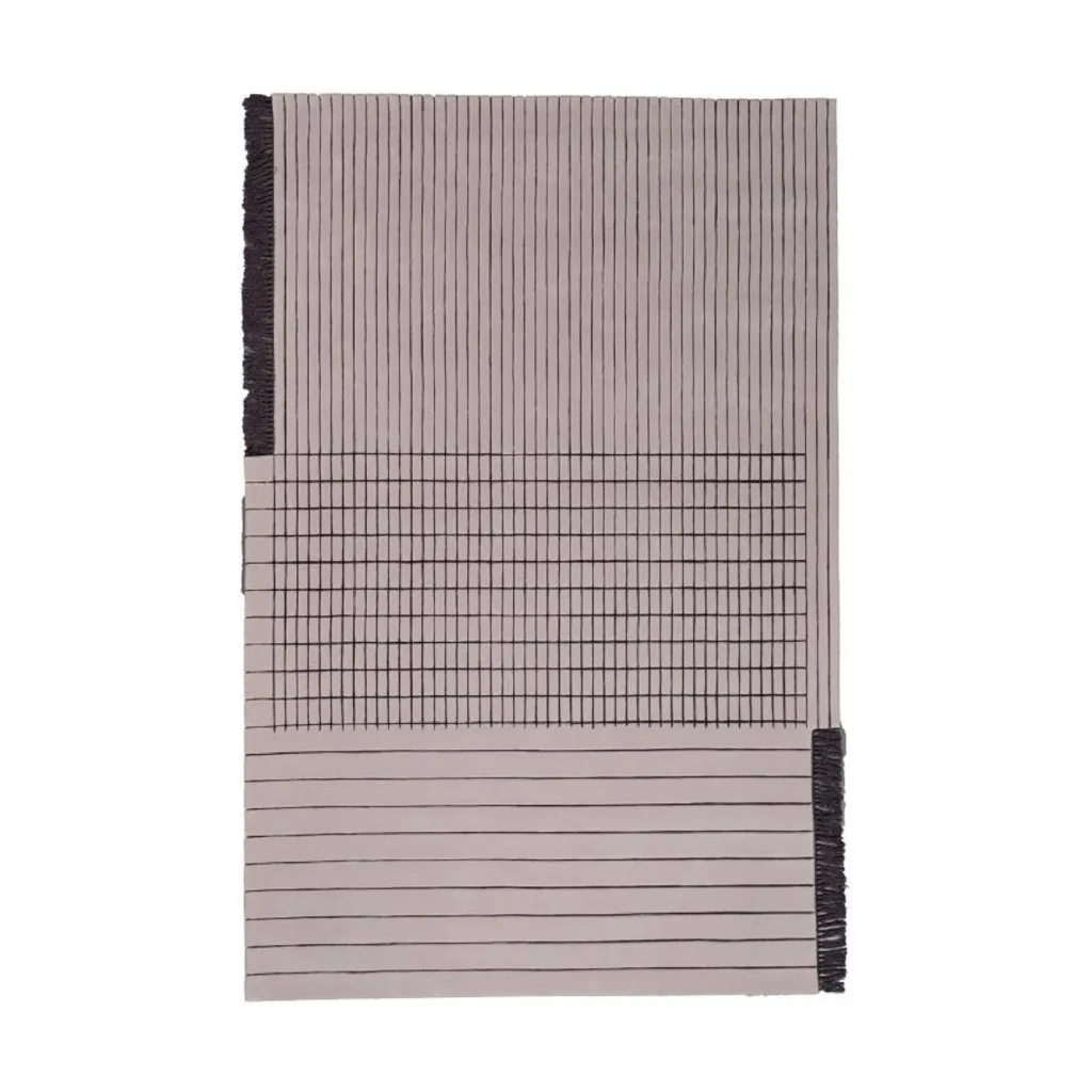 Custom Ruled Line Rug in Taupe with Charcoal Fringe — front view