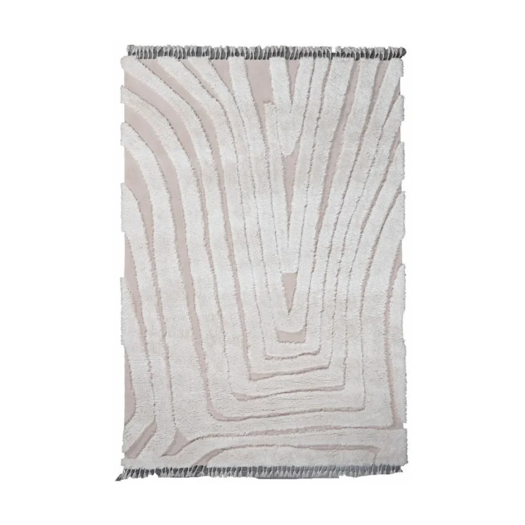 Custom Carved Contour Rug in Cream with Fringe — front view