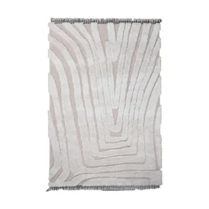 Custom Carved Contour Rug in Cream with Fringe — front view