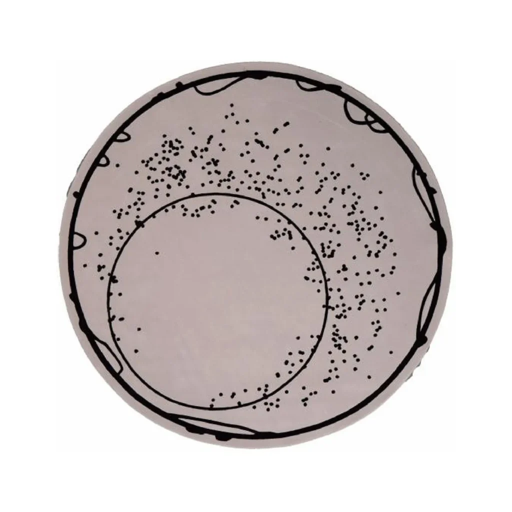 Custom Round Sketch Rug in Taupe with Black Loops and Dots — front view