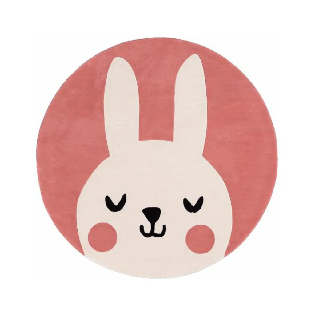 Custom Round Sleepy Bunny Rug in Coral and Cream — front view