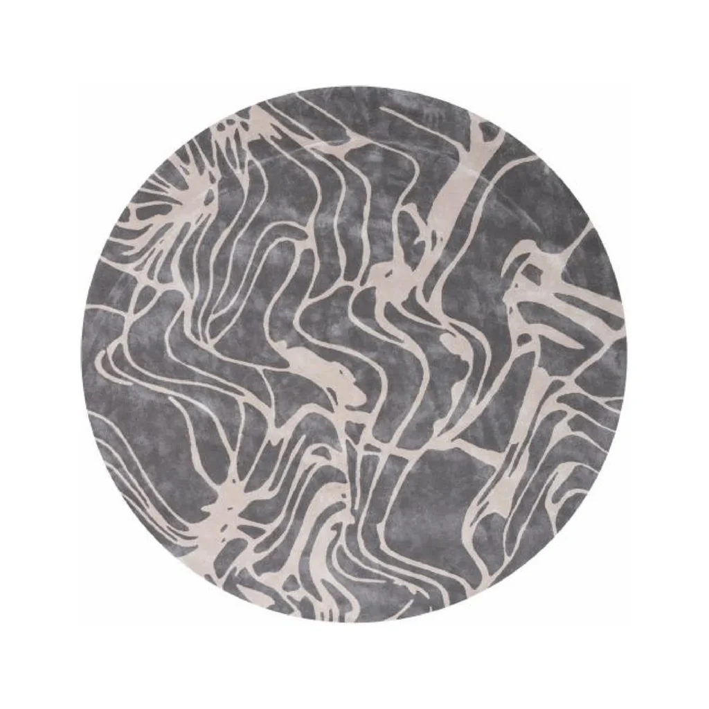 Custom Round Marble Vein Rug in Grey and Cream — front view