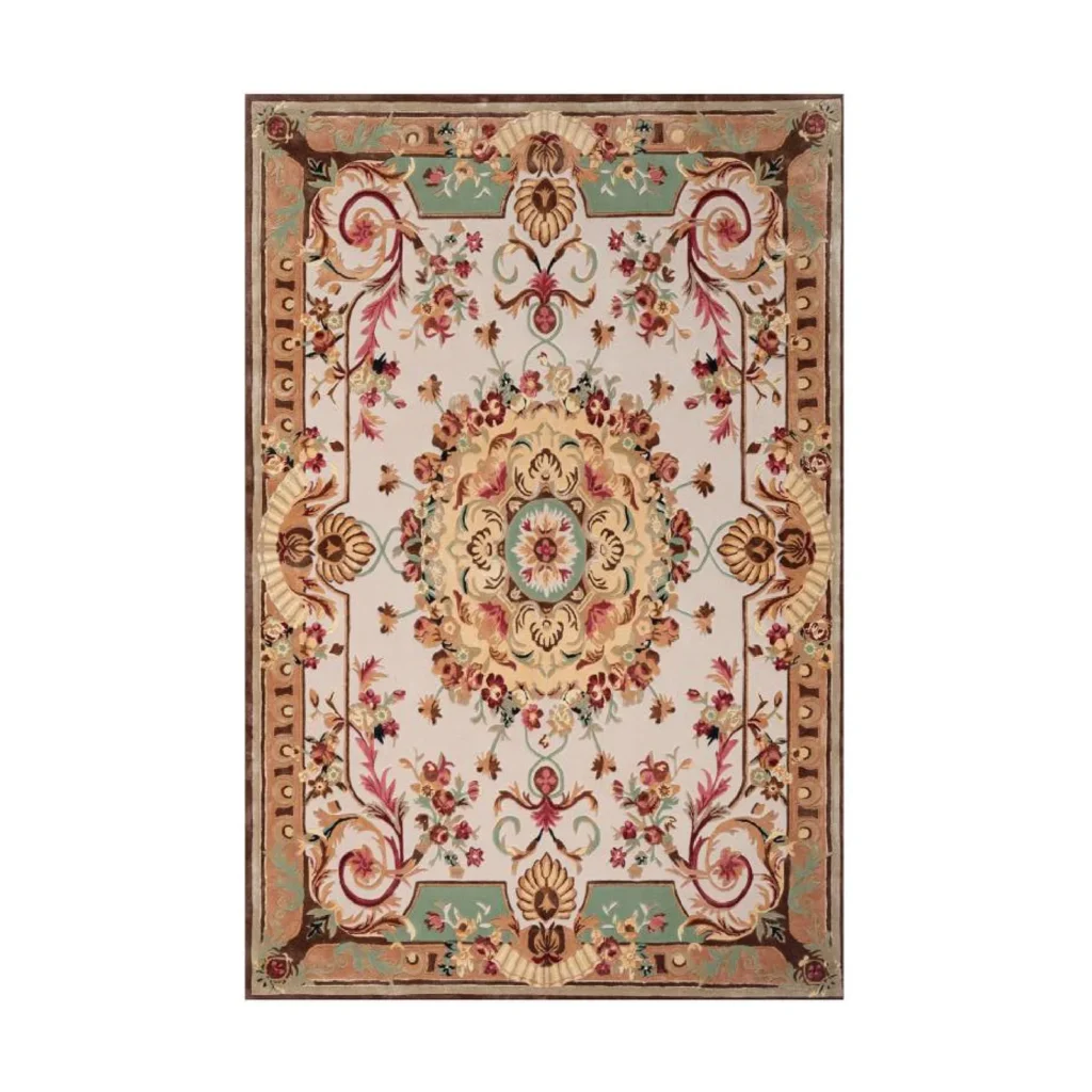 Custom Aubusson Style Rug in Cream, Gold and Green — front view