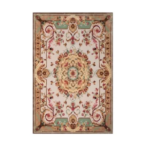 Custom Aubusson Style Rug in Cream, Gold and Green — front view