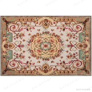 Custom Aubusson Style Rug in Cream, Gold and Green — in a room setting