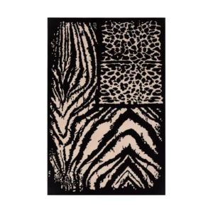 Custom Patchwork Animal Print Rug in Black and Cream — front view