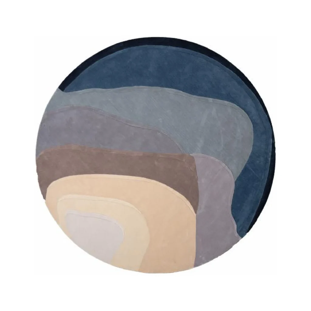 Custom Round Layered Dune Rug in Navy, Taupe and Cream — front view