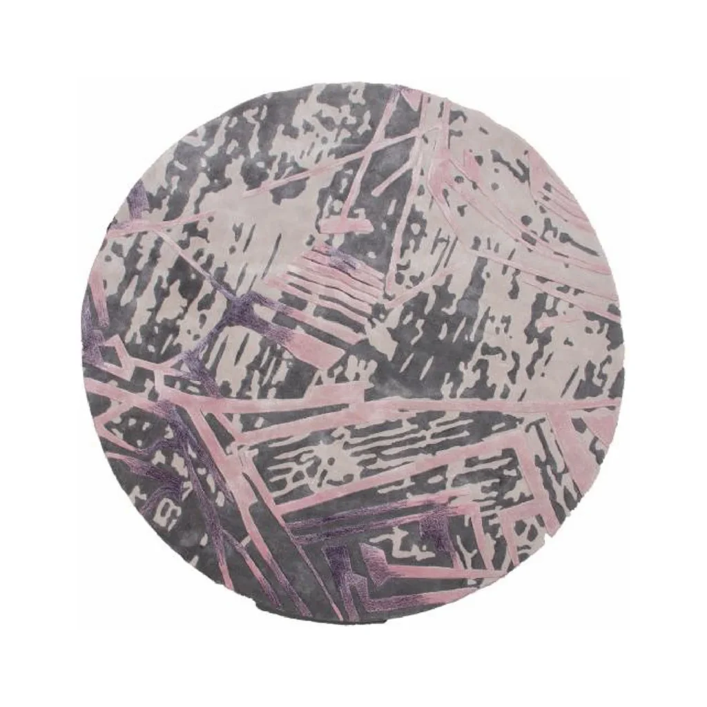 Custom Round Scratch Rug in Pink, Grey and Charcoal — front view