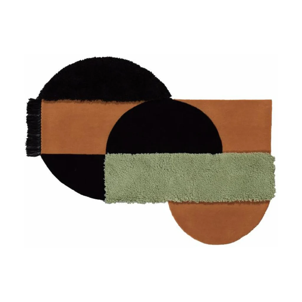 Custom Bauhaus Shape Rug in Black, Rust and Sage — front view