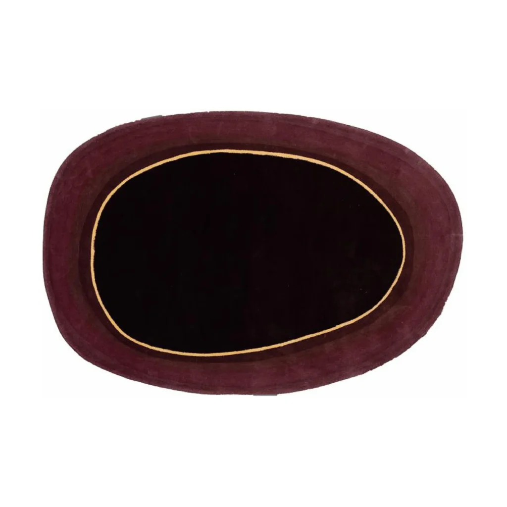 Custom Oval Rug in Black and Burgundy with Gold Line — front view