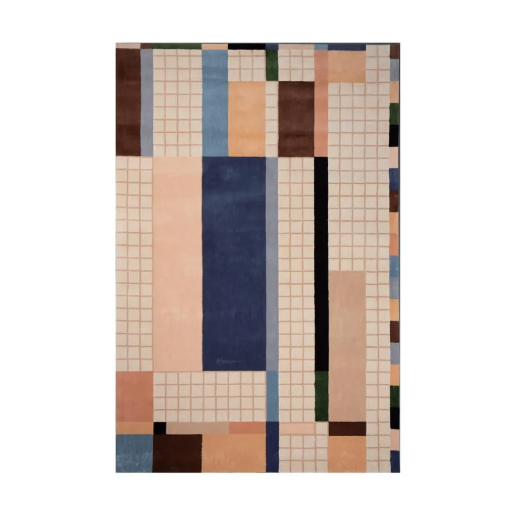 Custom Patchwork Grid Rug in Peach, Navy, Cream and Brown — front view