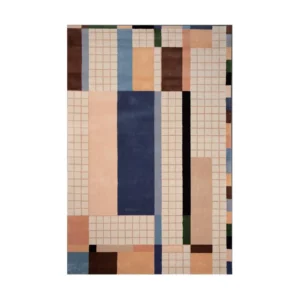 Custom Patchwork Grid Rug in Peach, Navy, Cream and Brown — front view