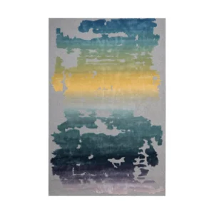 Custom Ink Wash Rug in Teal, Yellow and Purple on Grey — front view