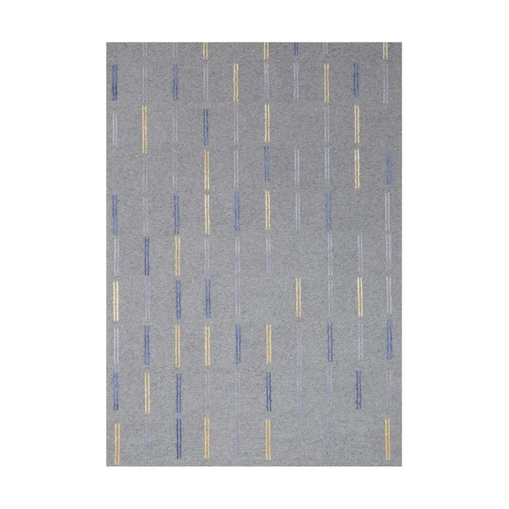 Custom Dash Rug in Grey with Blue and Yellow Marks — front view