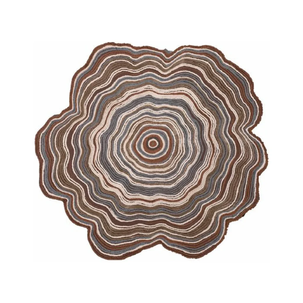 Custom Tree Ring Rug in Brown, Rust, Cream and Blue — front view