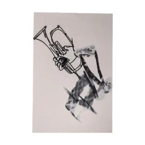 Custom Trumpeter Sketch Rug in Black on Cream — front view