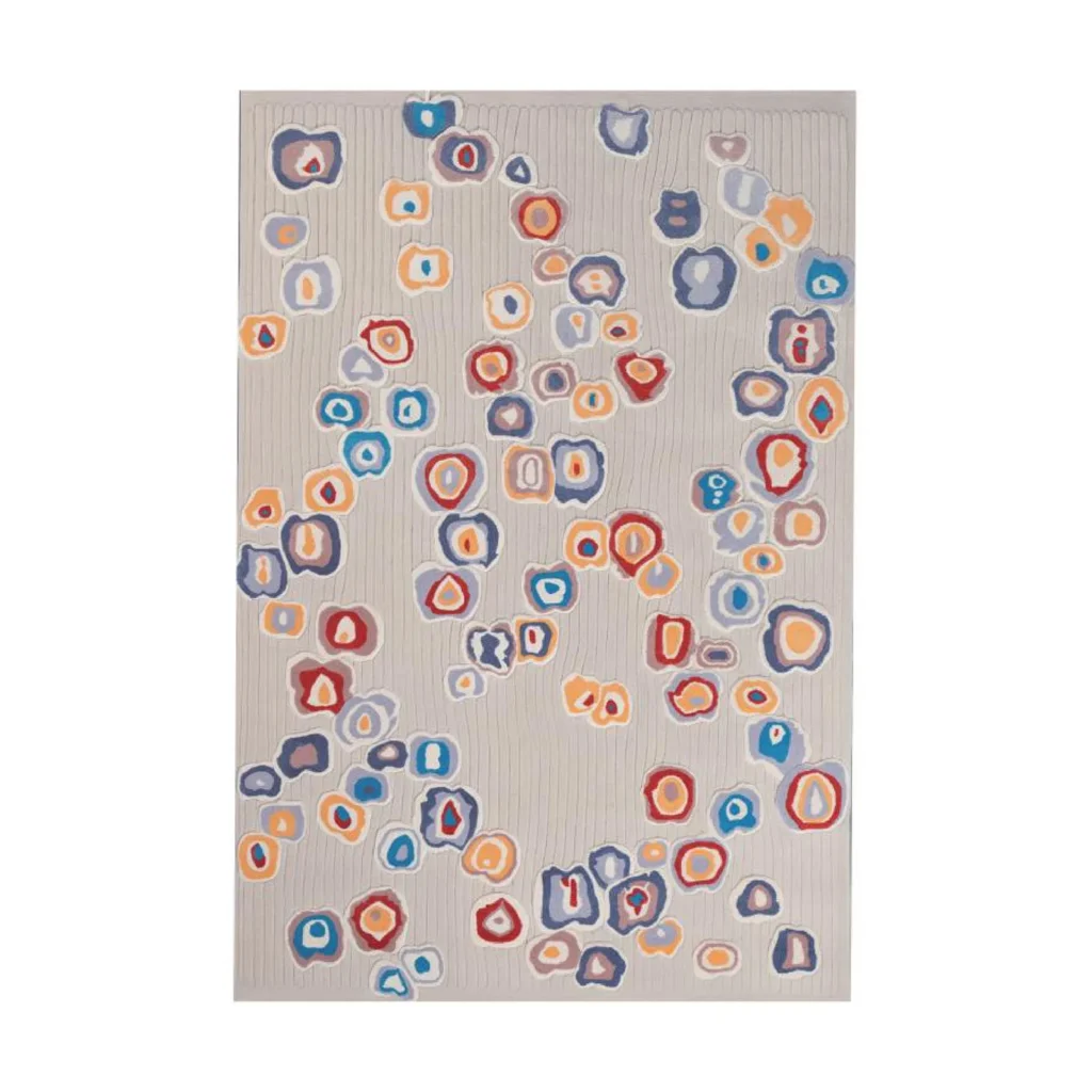 Custom Agate Pebble Rug in Cream with Blue, Red and Gold — front view