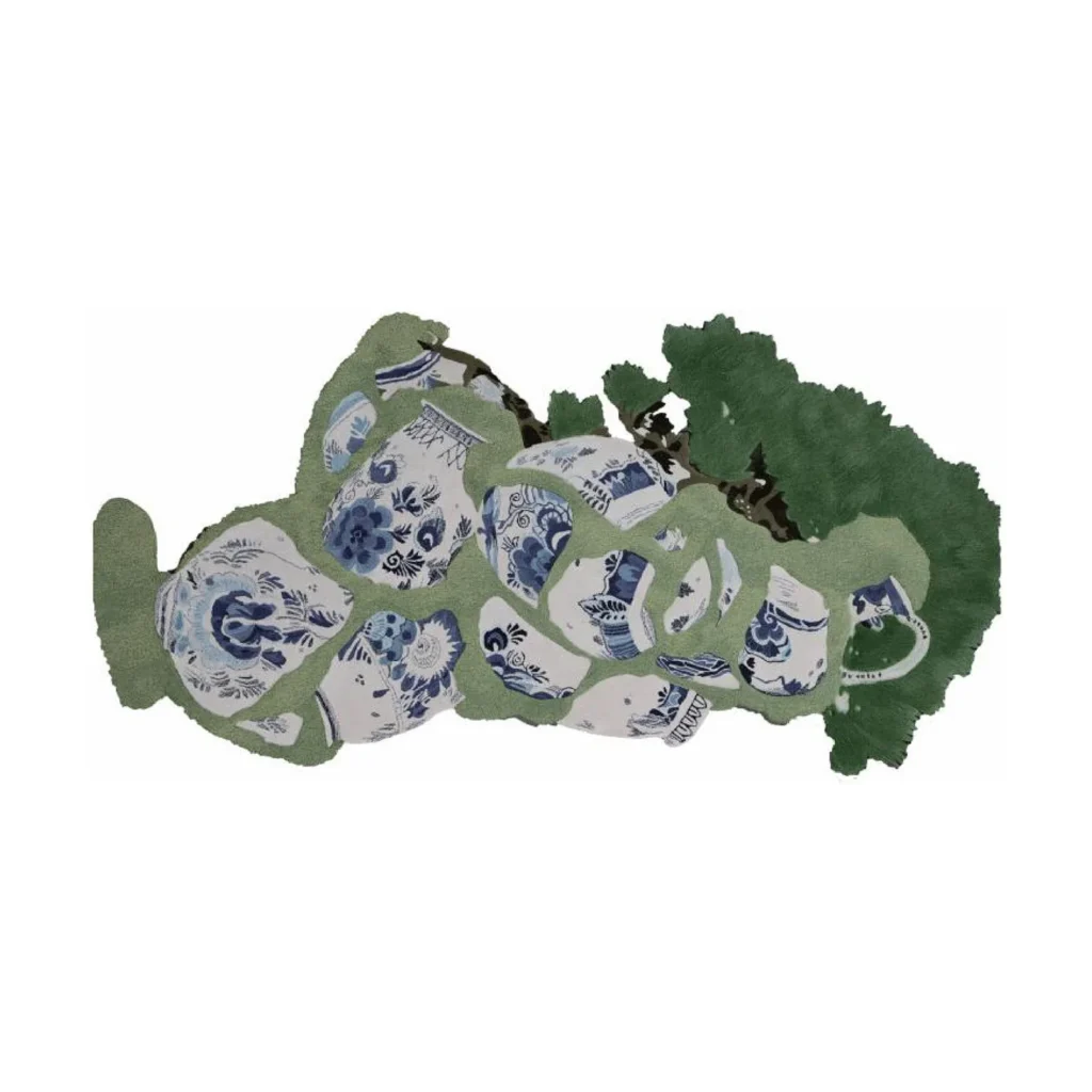 Custom Porcelain Still Life Rug in Blue, White and Green — front view