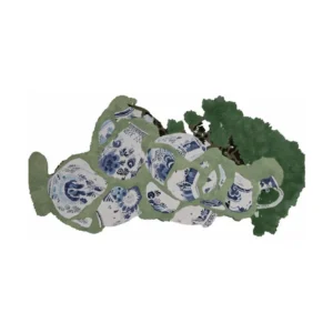 Custom Porcelain Still Life Rug in Blue, White and Green — front view