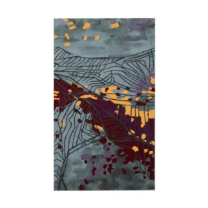 Custom Leaf Abstract Rug in Teal, Burgundy and Yellow — front view