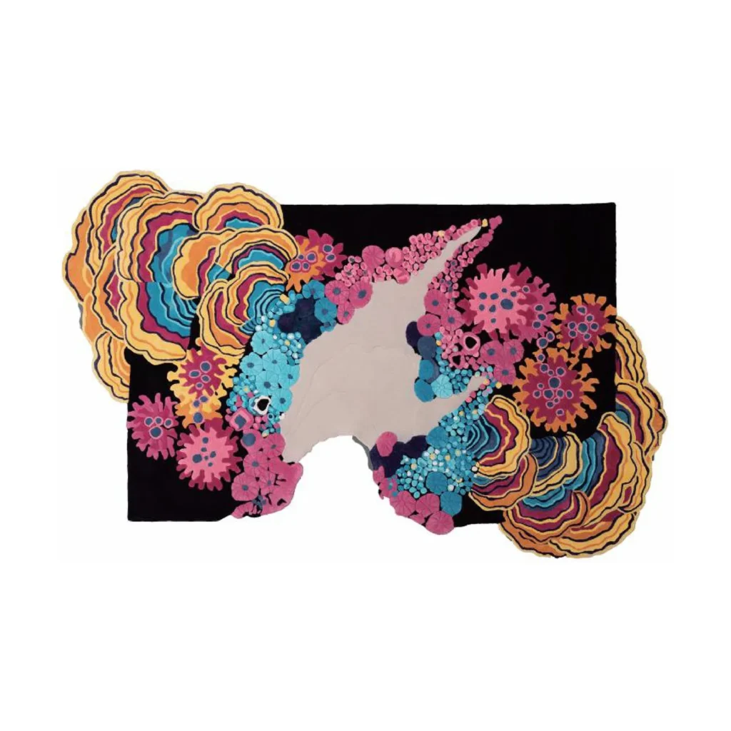 Custom Coral Bloom Rug in Pink, Teal and Gold on Black — front view