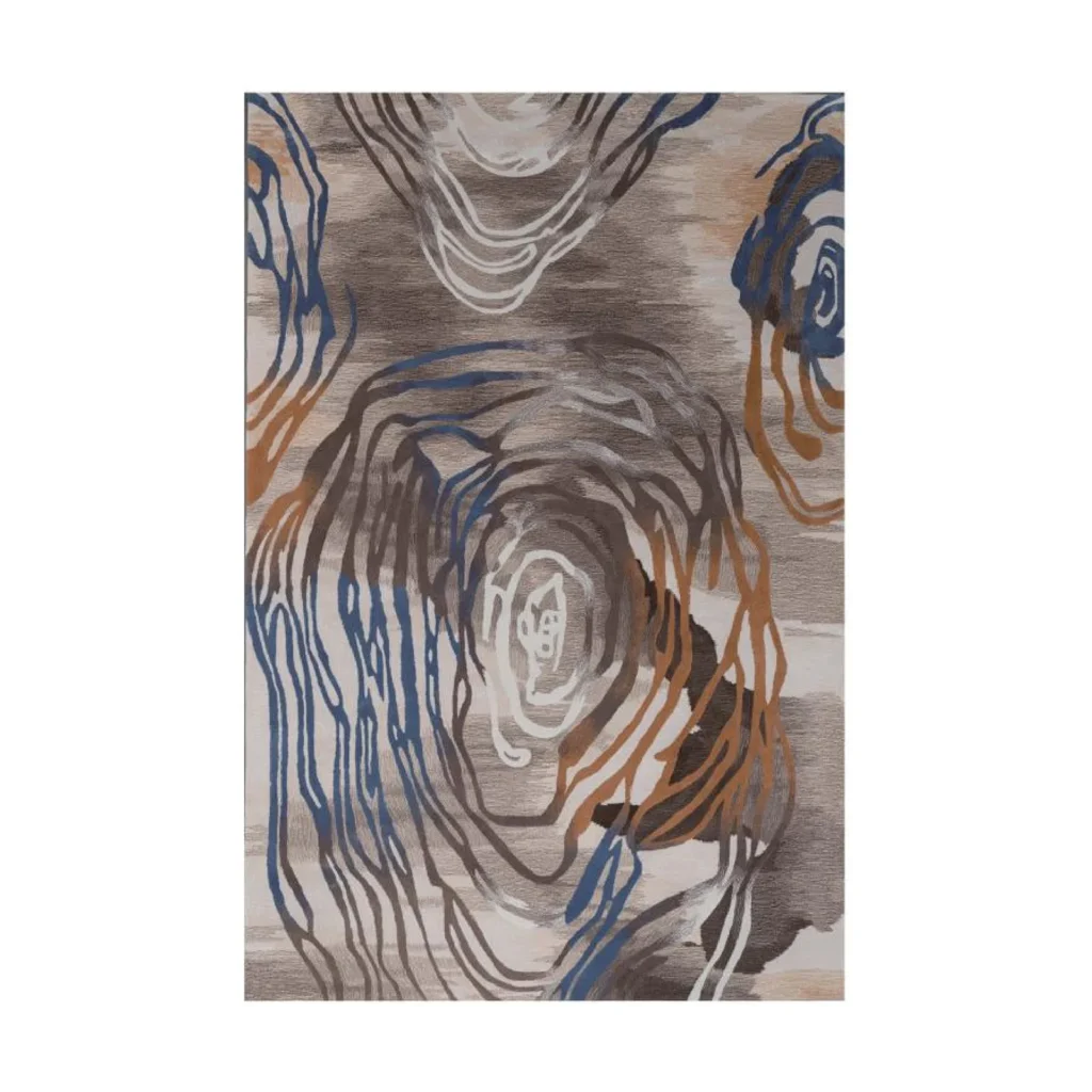 Custom Rose Line Rug in Taupe, Blue and Rust — front view