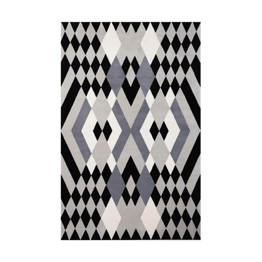 Custom Harlequin Diamond Rug in Black, Grey and Cream — front view
