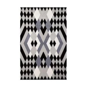 Custom Harlequin Diamond Rug in Black, Grey and Cream — front view