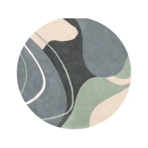 Custom Round Abstract Rug in Teal, Sage, Grey and Cream — front view
