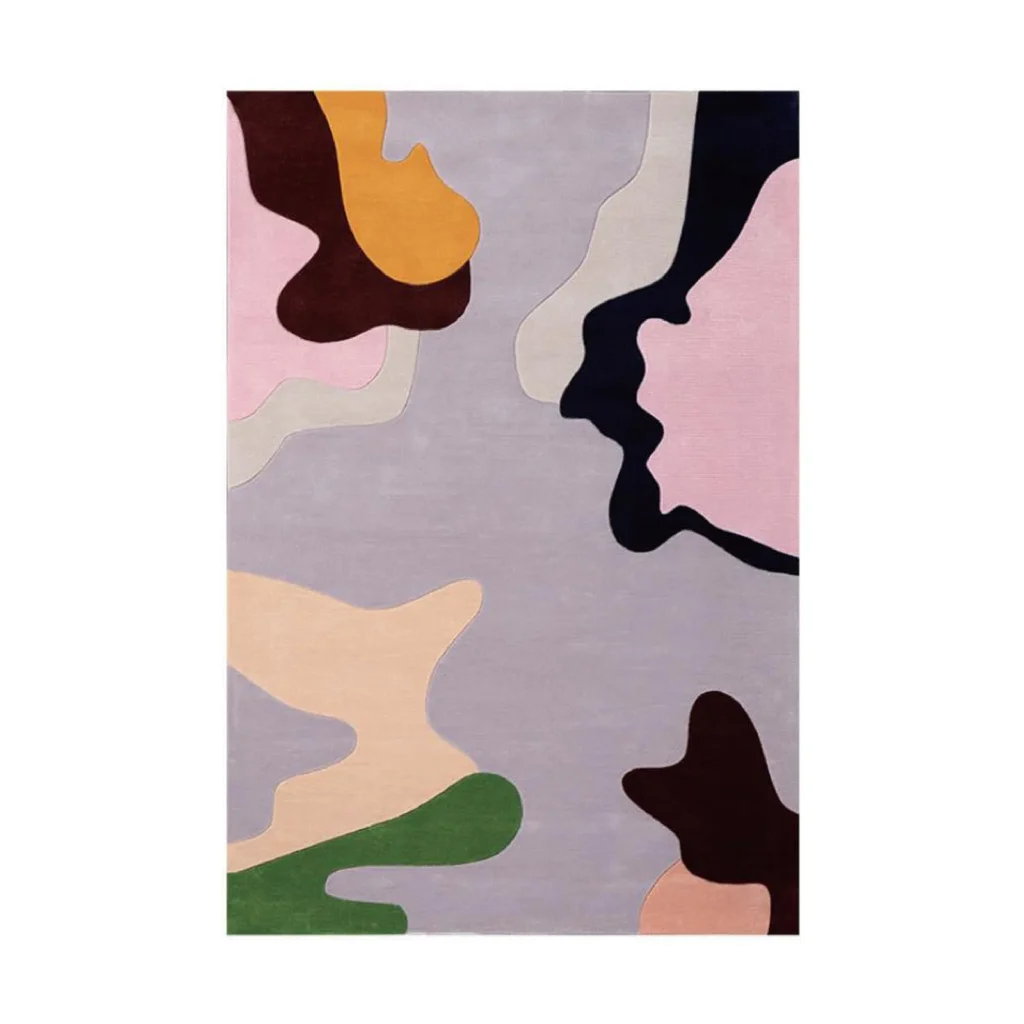 Custom Camouflage Rug in Lilac, Pink, Mustard and Green — front view