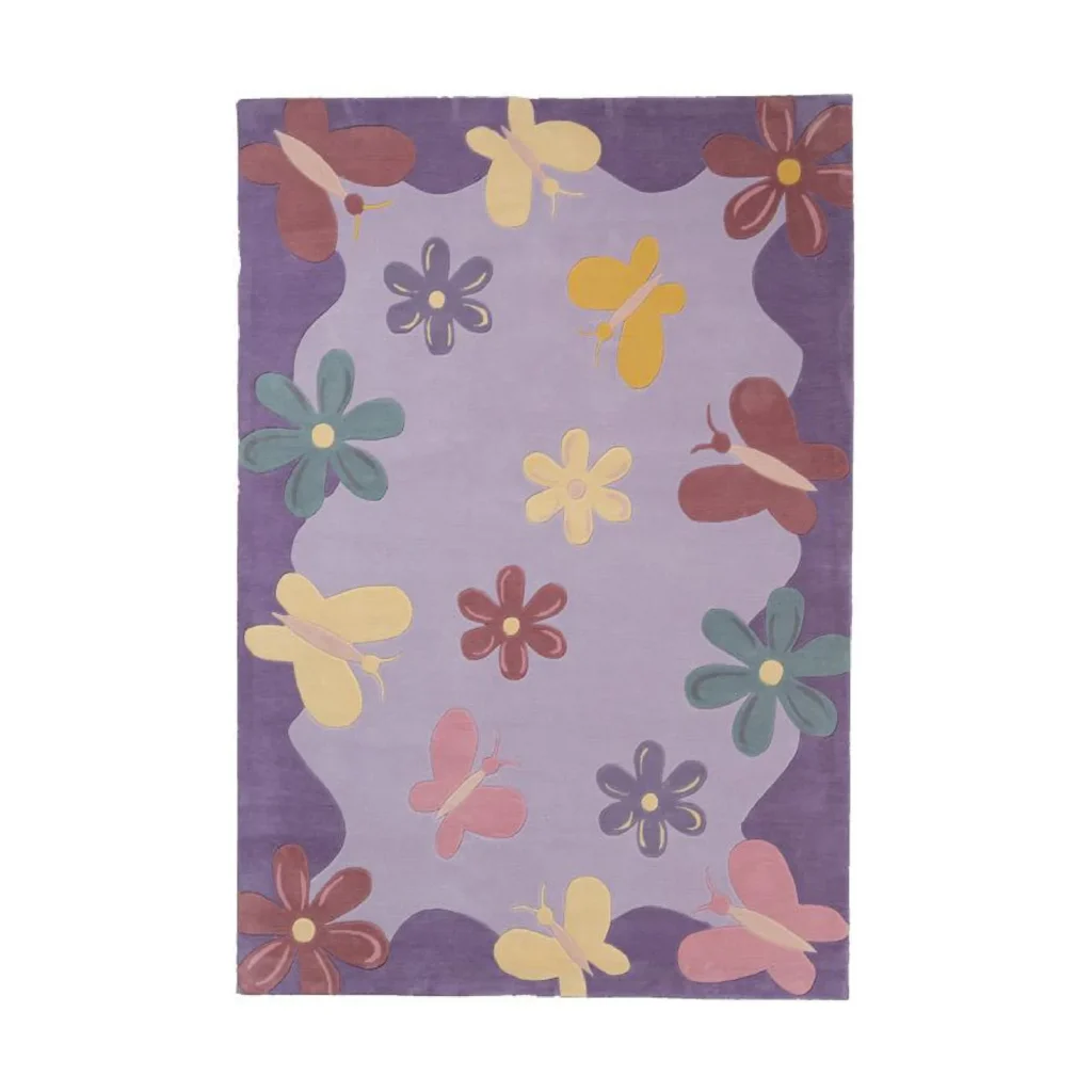 Custom Butterfly and Flower Rug in Lilac and Purple — front view