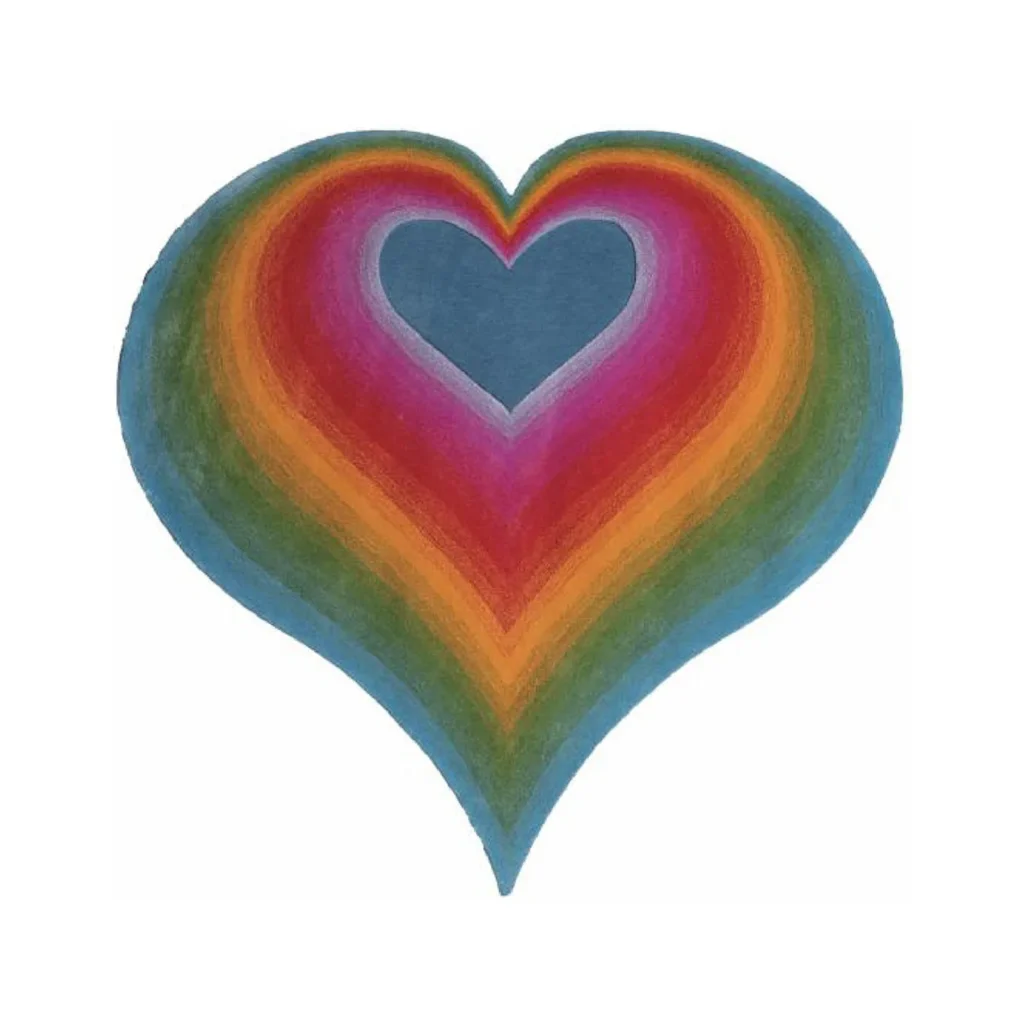 Custom Rainbow Heart Rug in Blue, Red, Orange and Green — front view