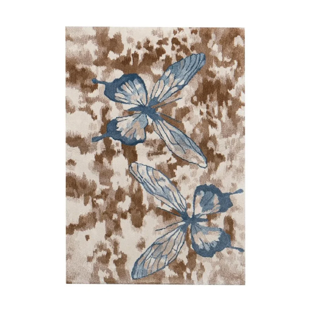 Custom Butterfly Rug in Blue on Brown and Cream Wash — front view