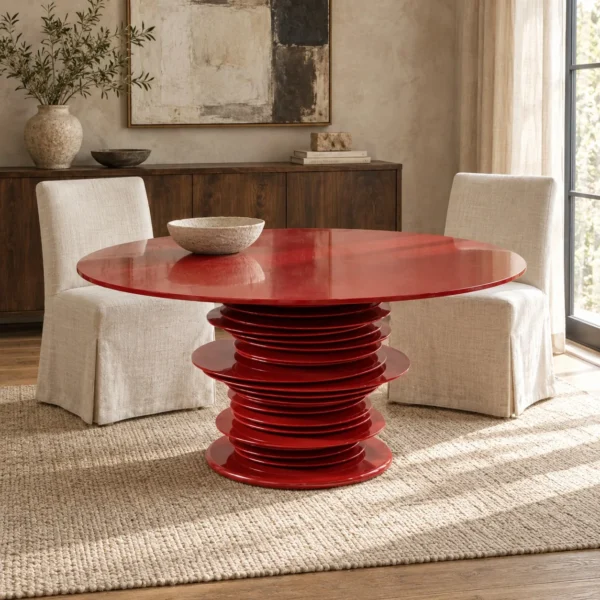 Red High-Gloss Stacked-Disc Round Table in red — in a room setting