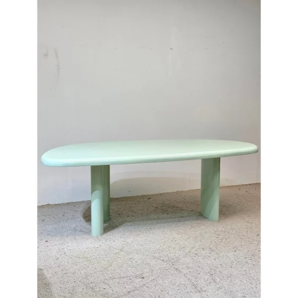 Mint Green Lacquered Oval Desk with Column Legs in olive — in a room setting