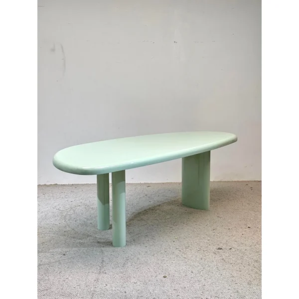 Mint Green Lacquered Oval Desk with Column Legs in olive — in a room setting