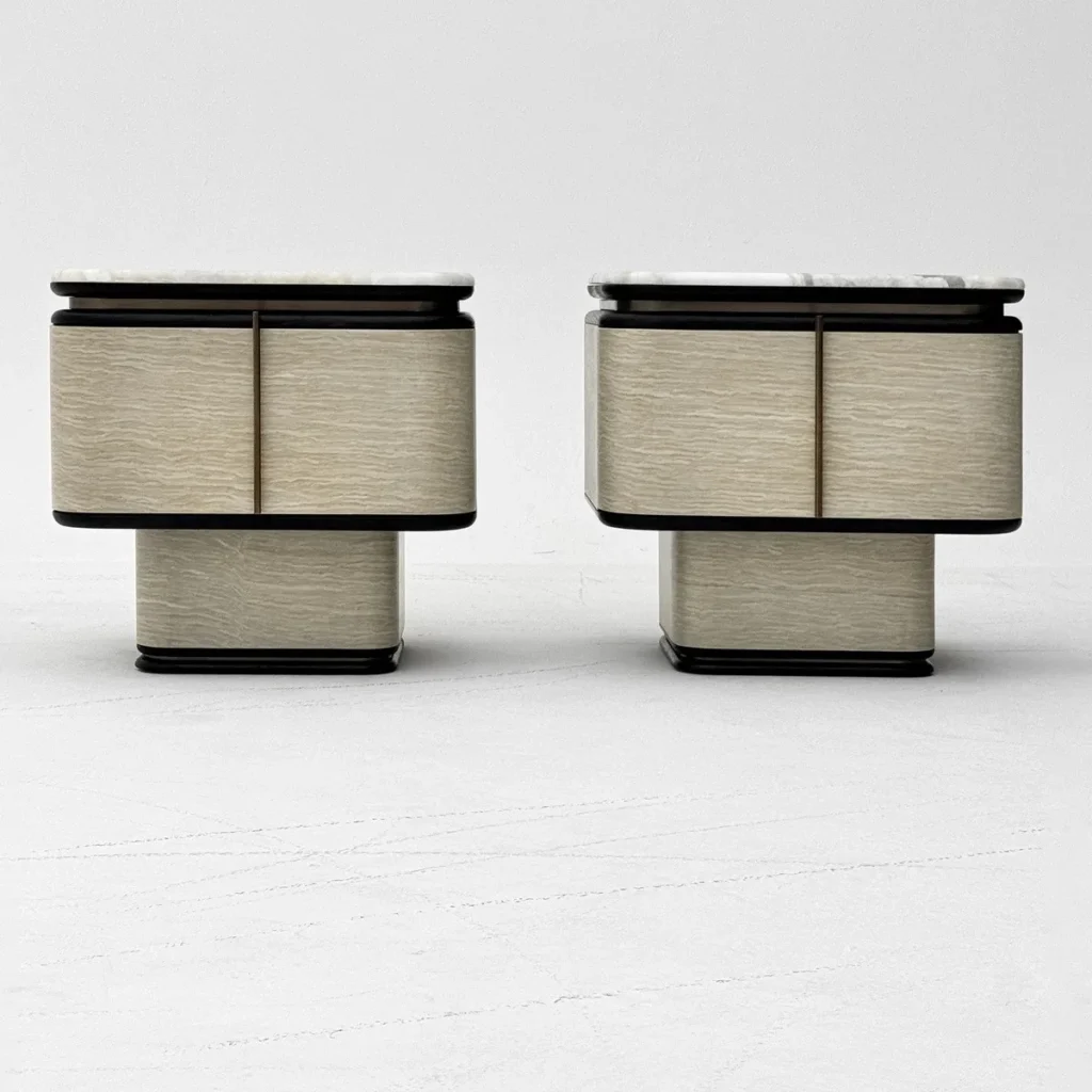 Curved Maple-Figure Nightstand with Black Oak Frame and Marble Top — front view