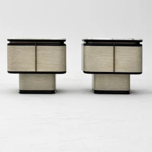Curved Maple-Figure Nightstand with Black Oak Frame and Marble Top — front view