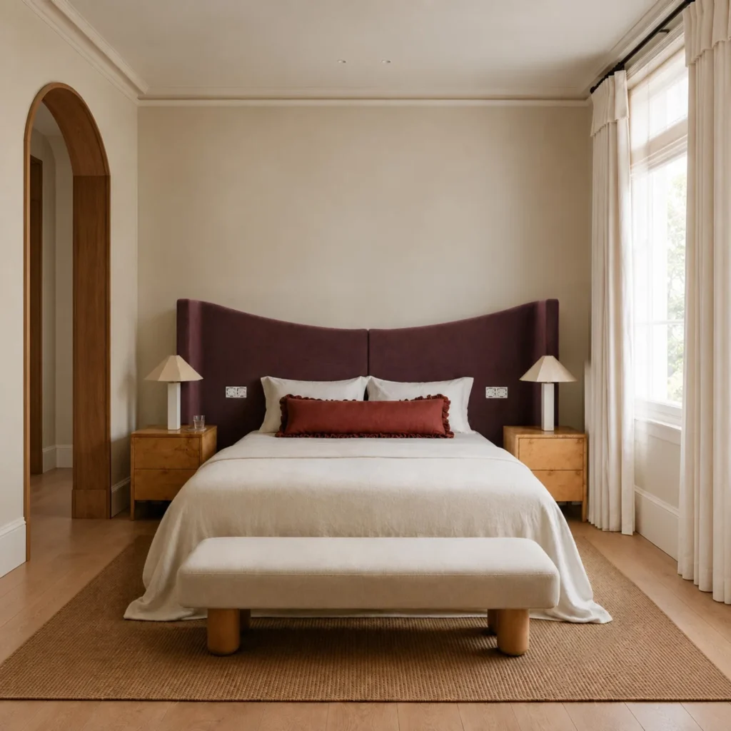 Plum Wraparound Headboard Bed on Oak Feet in burgundy — front view