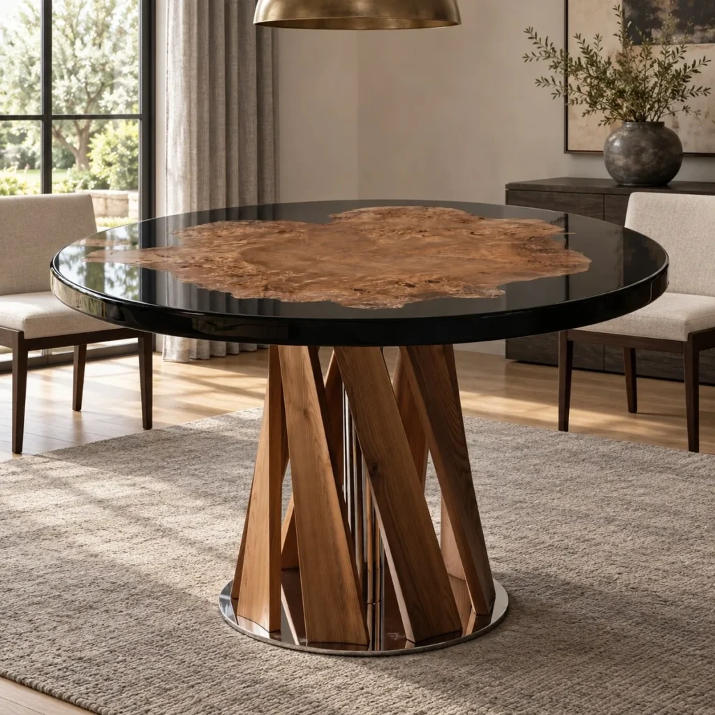 Burl and Black Resin Round Dining Table on Twisted Wood Base in black — front view