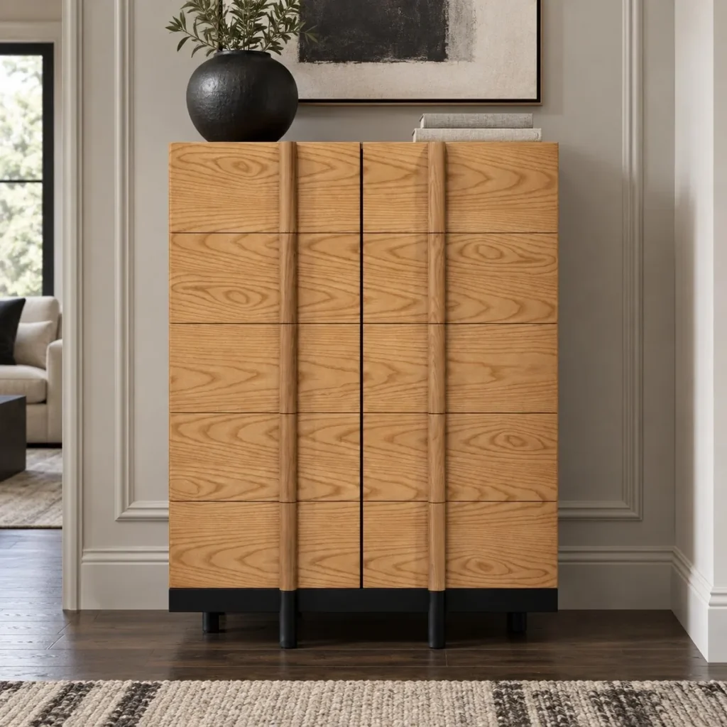 Tall Oak Shoe Cabinet with Panelled Doors in natural oak — front view