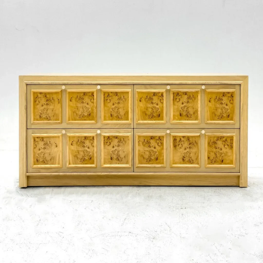 White Oak Twelve-Drawer Cabinet with Burl Veneer Fronts in natural oak — front view