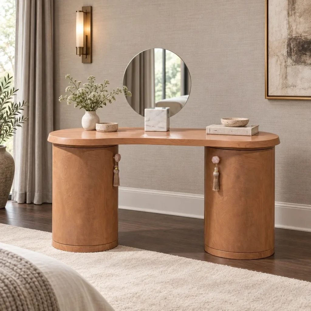 Curved Solid Wood Vanity Desk on Drum Pedestals in clay — front view