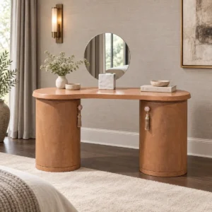 Curved Solid Wood Vanity Desk on Drum Pedestals in clay — front view
