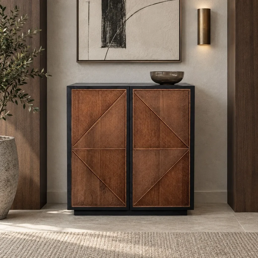 Woven-Pattern Veneer Two-Door Cabinet in Black Frame — front view