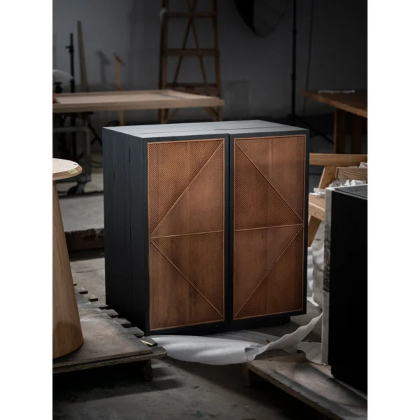 Woven-Pattern Veneer Two-Door Cabinet in Black Frame — in a room setting