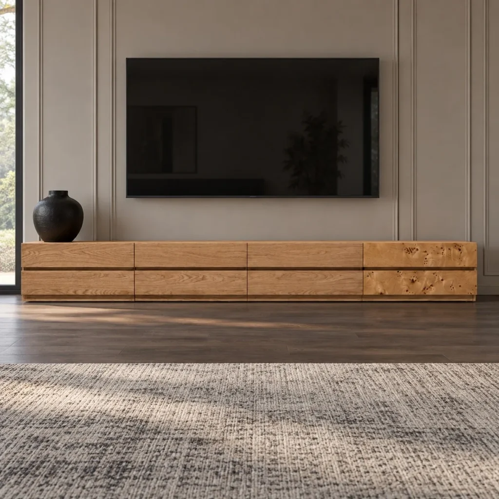 White Oak and Burl Veneer Long Low TV Cabinet — front view