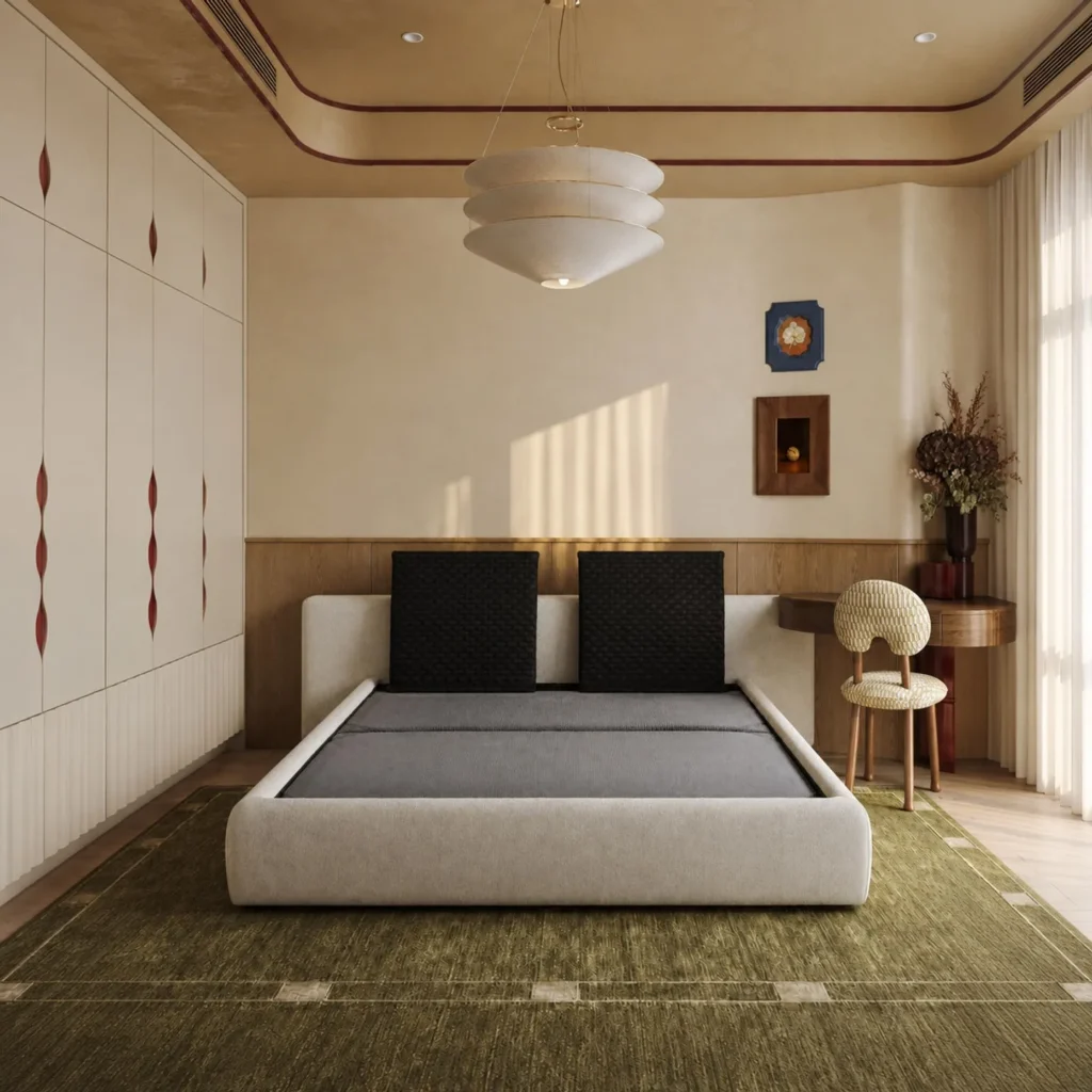 Custom Low Upholstered Bed with Bolster Cushions in oatmeal — front view