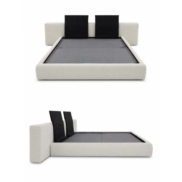 Custom Low Upholstered Bed with Bolster Cushions in oatmeal — in a room setting